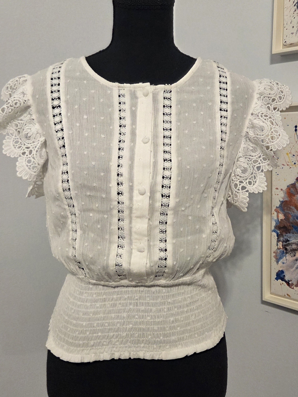 White Lace-Trim Swiss Dot Blouse with Shirred Waist